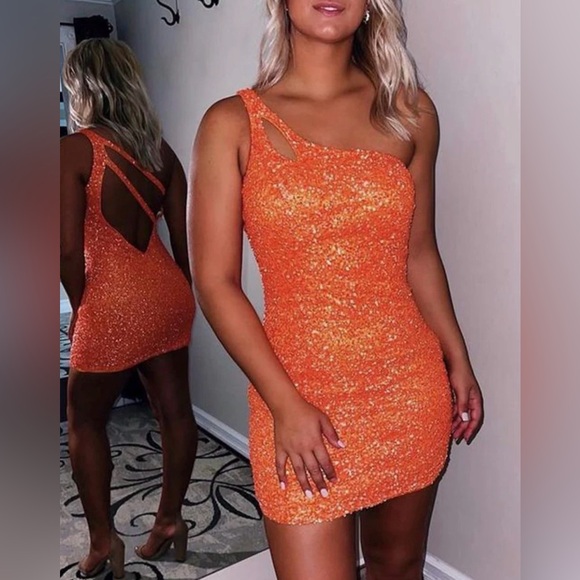 Dresses & Skirts - Orange Sequins One Shoulder Dress